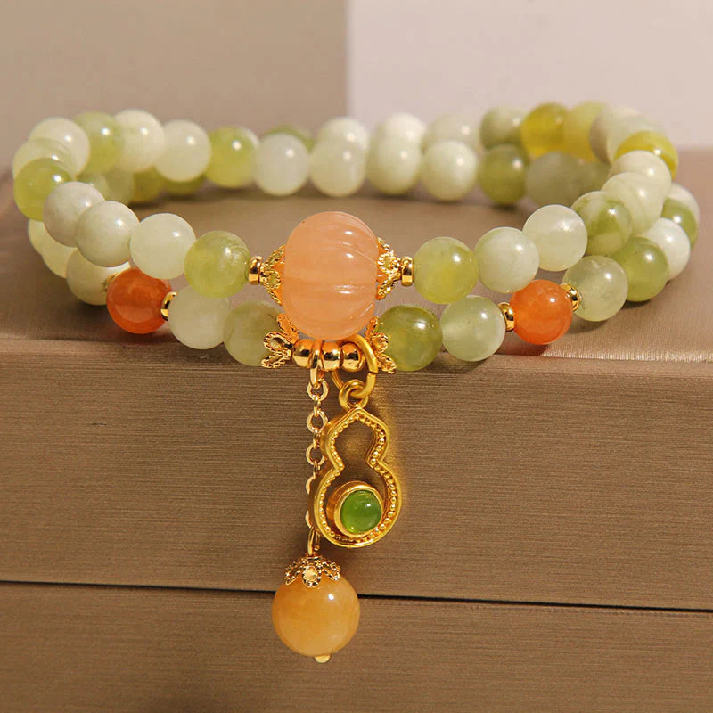 Buddha Stones Double Wrap Gourd Pumpkin Green Grape Serpentine Jade Luck Bracelet