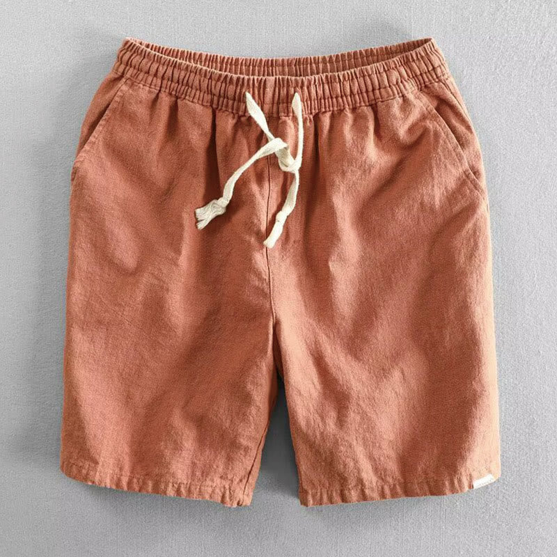 Buddha Stones Drawstring Elastic Waist Cotton Linen Men's Shorts With Pockets