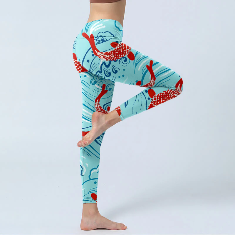 Buddha Stones Koi Fish Wave Pattern Print Gym Leggings Women's Yoga Pants