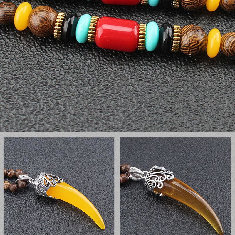 Buddha Stones Wenge Wood Turquoise Stone Horn Style Protection Meditation Necklace Pendant