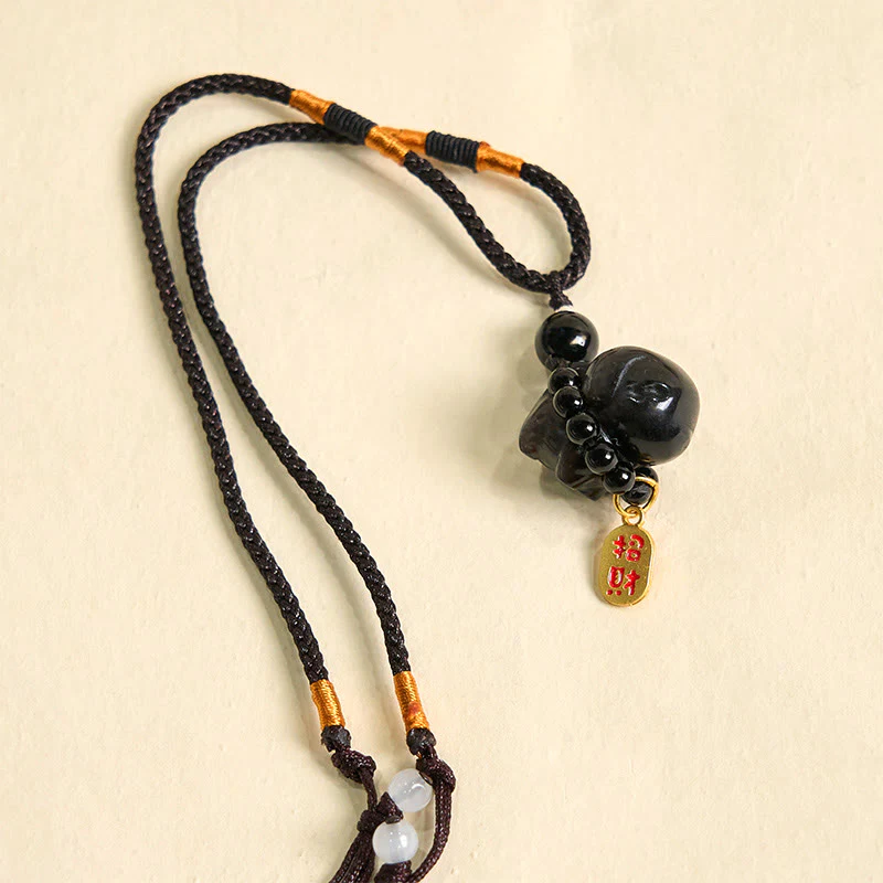 Buddha Stone Silver Sheen Obsidian Puppy Dog Fu Character Protection Necklace Phone Hanging Decoration