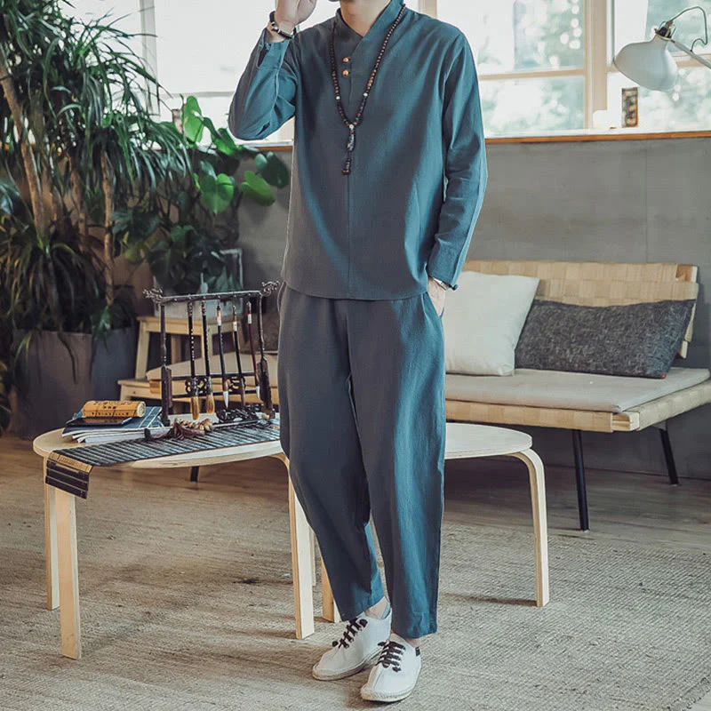 Buddha Stones 2Pcs Cotton Shirt Ankle-Length Pants With Pockets Men's Meditation Cloth Set