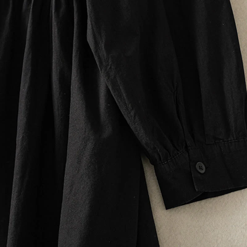 Buddha Stones Casual Plaid Pleats Buttons Design Long Sleeve Cotton Midi Dress With Pockets