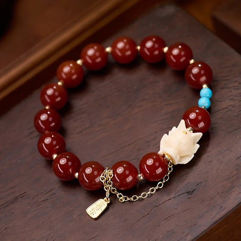Buddha Stones Nine Tailed Fox Joy Red Agate Ivory Fruit Copper Plated Gold Confidence Bracelet