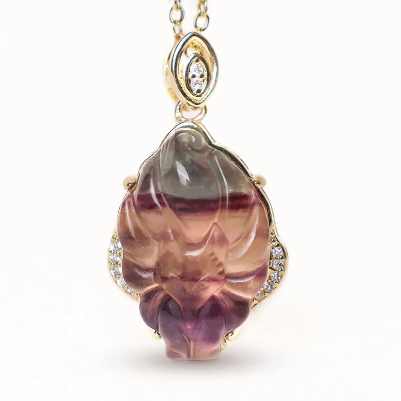 Buddha Stones Natural Colorful Fluorite Nine Tailed Fox Protection Necklace Pendant