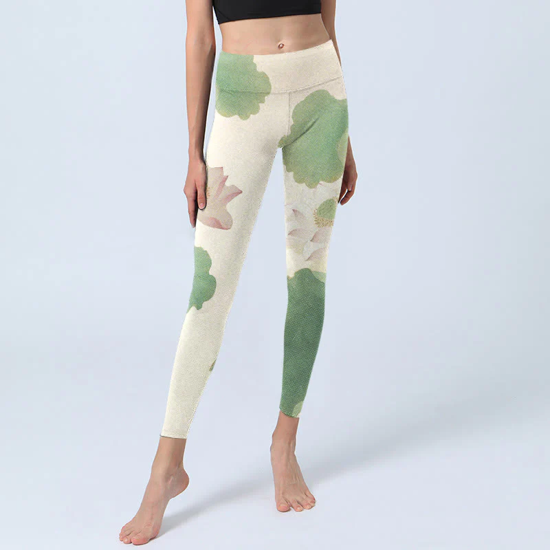 Buddha Stones Elegant Lotus Flower Leaves Pattern Print Gym Leggings Women's Yoga Pants