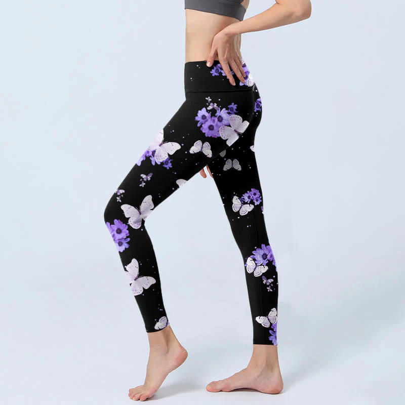 Buddha Stones Purple Floral Butterfly Print Exercise Leggings Women's Yoga Pants