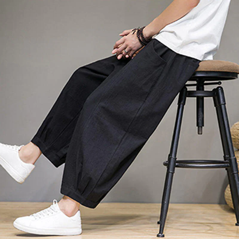 Buddha Stones Simple Cotton Men's Cropped Capri Harem Pants With Pockets