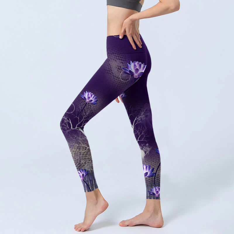 Buddha Stones Lotus Flower White Branch Dotted Circle Pattern Print Gym Leggings Women's Yoga Pants