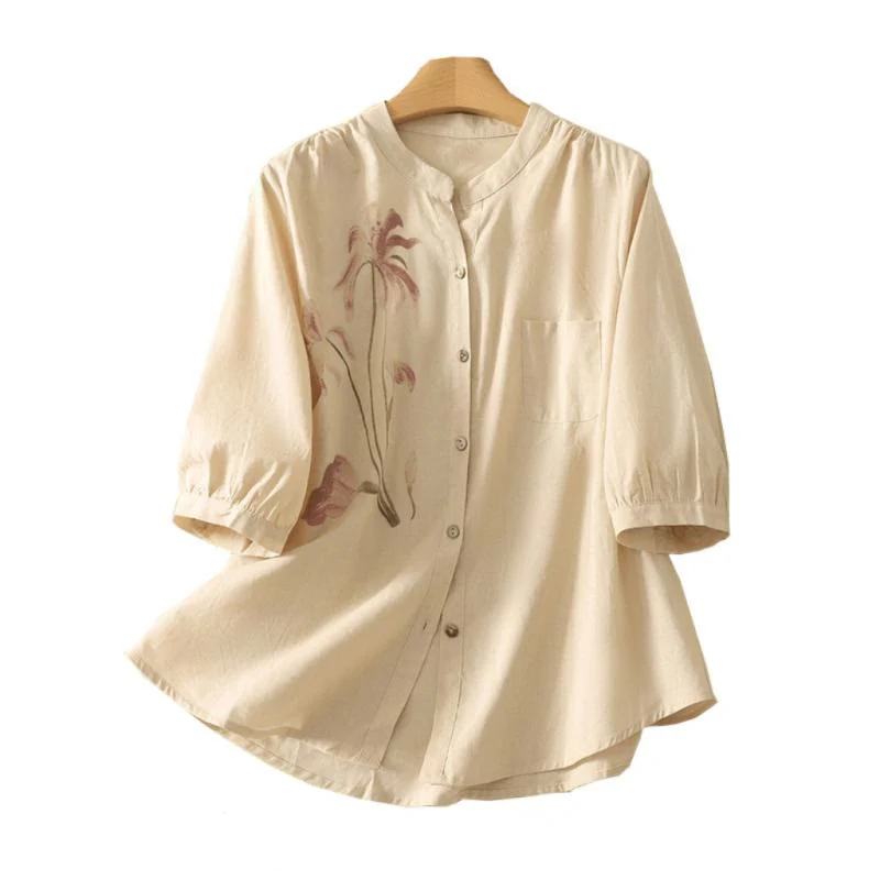 Buddha Stones Casual Daily Printing Lily Pattern Half Puff Sleeve Women's Cotton Linen Shirt