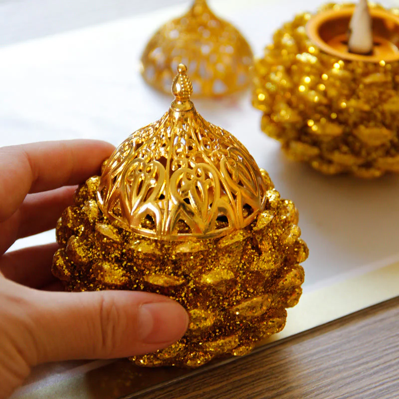 Buddha Stones Gold Pine Cone Pattern Spiritual Rituals Mini Incense Burner Home Tabletop Decor