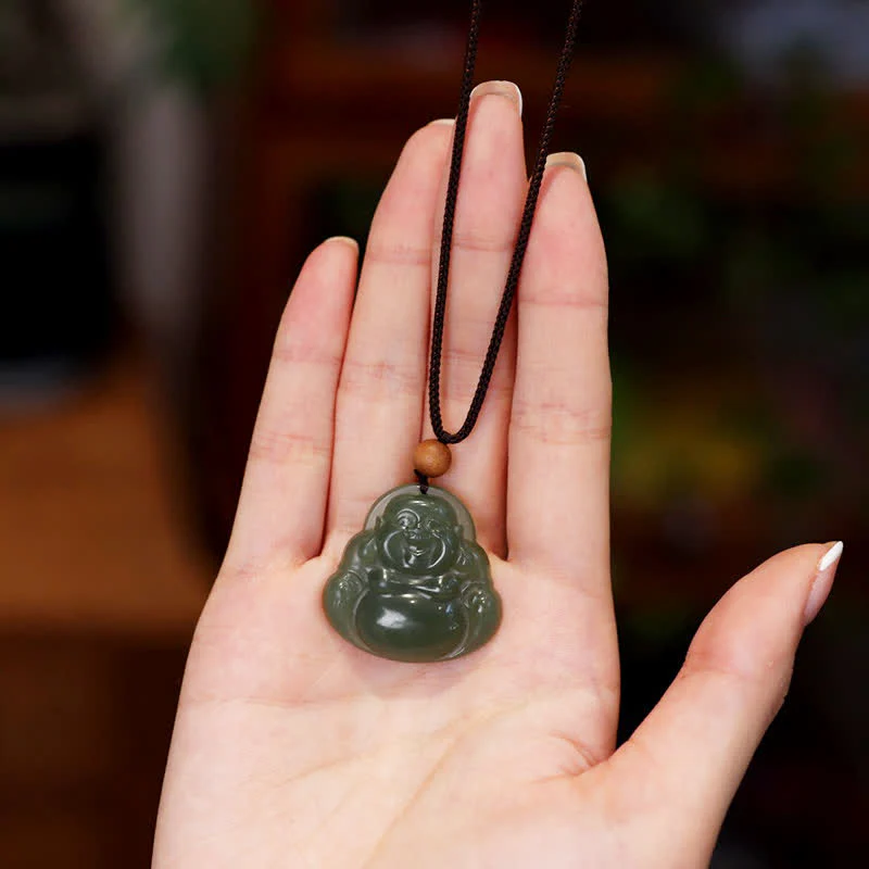 Buddha Stones Laughing Buddha Hetian Jade Healing Calm Necklace String Pendant