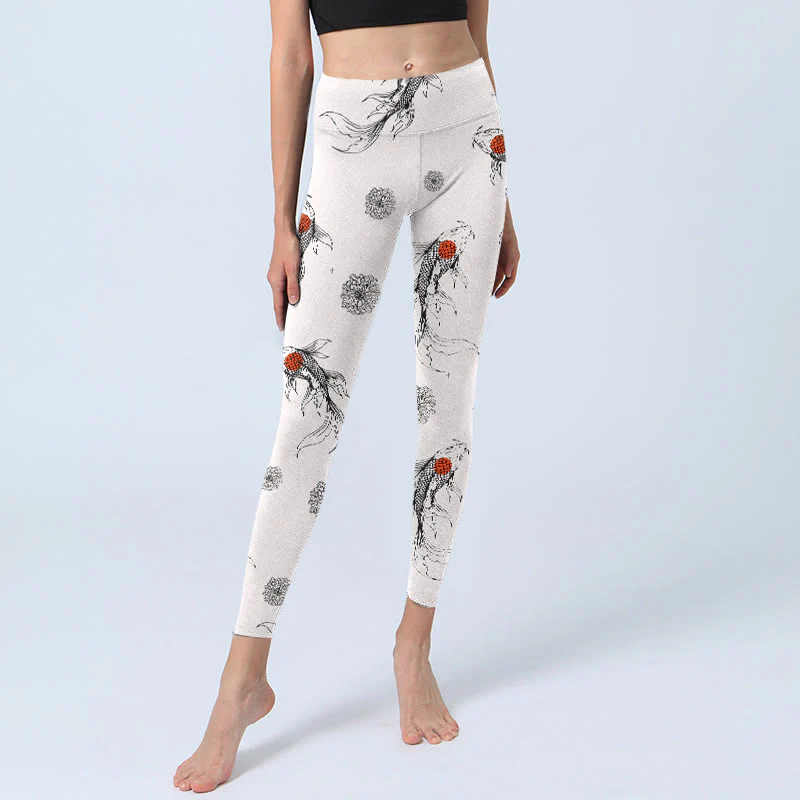 Buddha Stones Koi Fish Chrysanthemum Pattern Print Gym Leggings Women's Yoga Pants