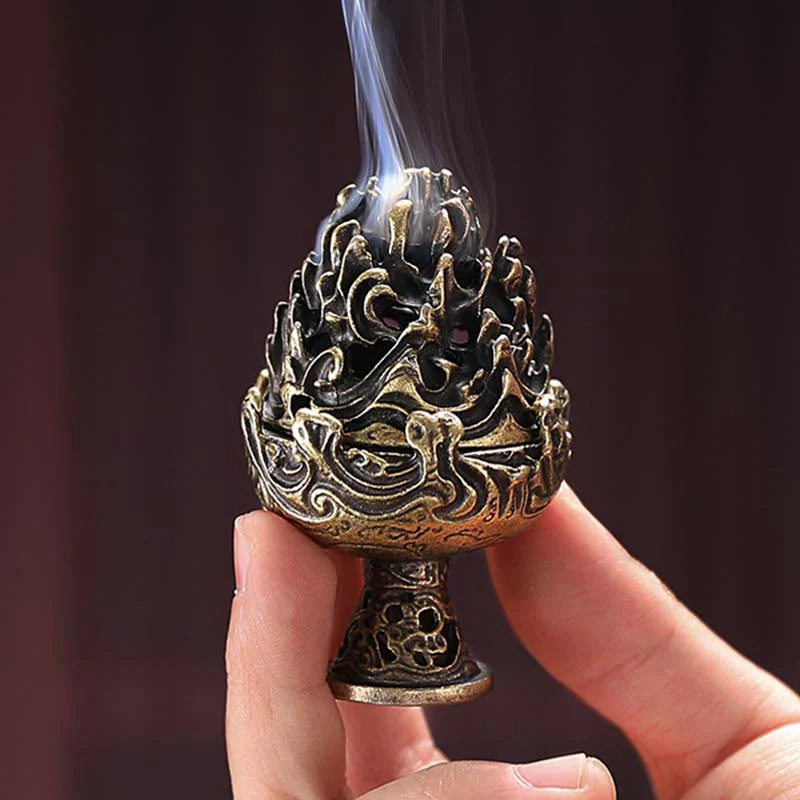 Buddha Stones Tibetan Mini Mountain Pattern Meditation Copper Alloy Incense Burner