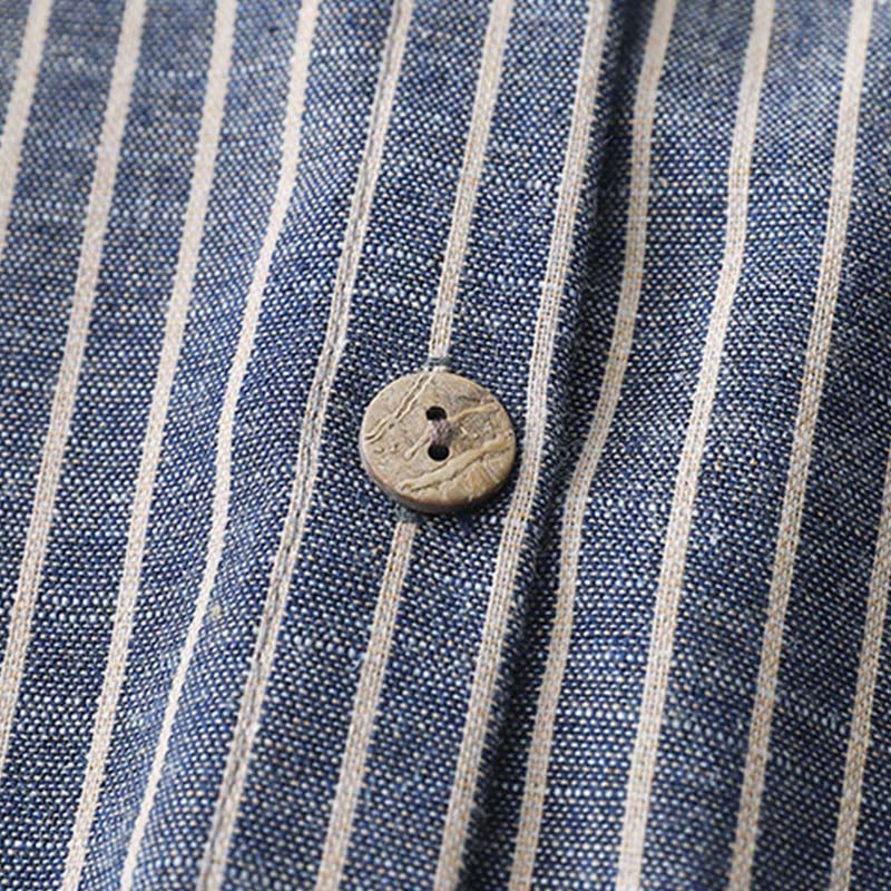 Buddha Stones LightSteelBlue White Striped Button Design Lapel Cotton Linen Midi Dress With Pockets