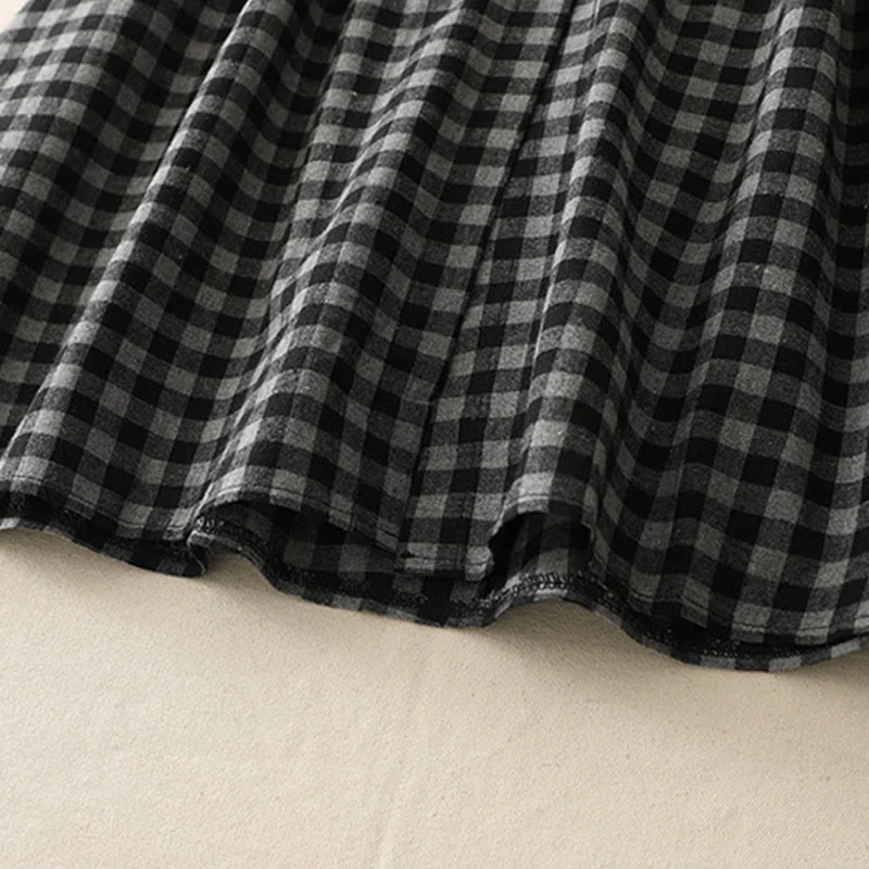 Buddha Stones Black Lace-Up Design Plaid Lapel Cotton Linen Midi Dress With Pockets