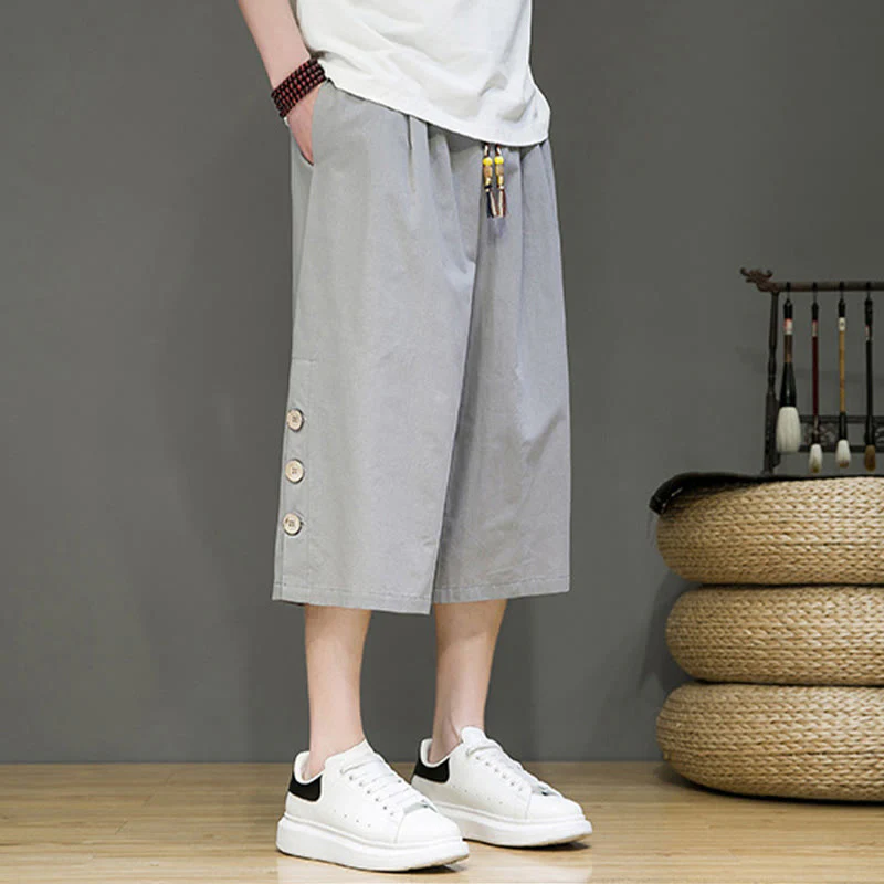 Buddha Stones Casual Plain Side Button Design Drawstring Men's Cotton Cropped Pants With Pockets