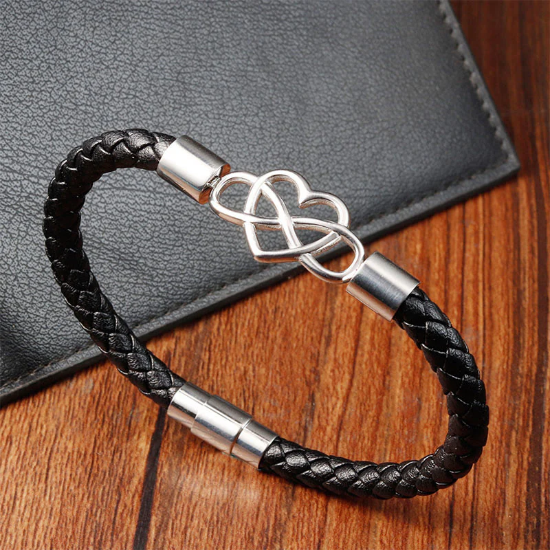 Buddha Stones Endless Knot Heart Leather Titanium Steel Strength Buckle Bracelet
