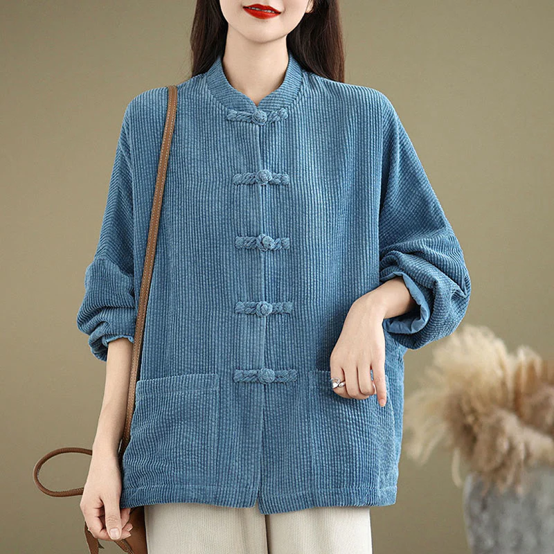 Buddha Stones Frog-button Stand Collar Women's Cotton Linen Corduroy Jacket