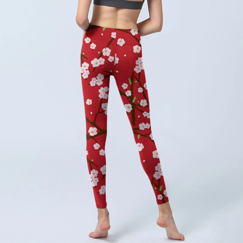 Buddha Stones Plum Blossoms Branches Leaves Pattern Print Gym Leggings Women's Yoga Pants