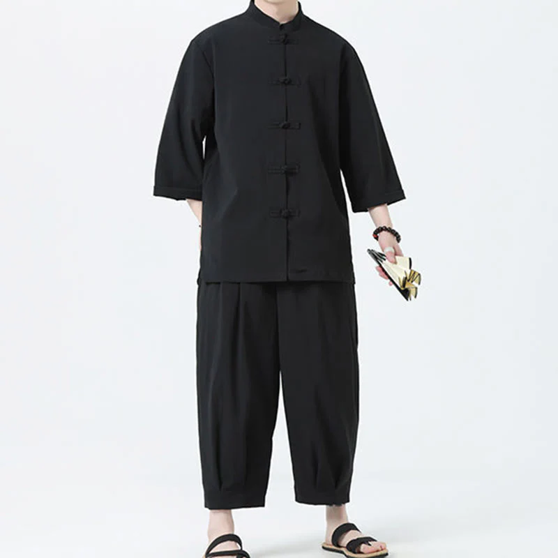 Buddha Stones 2Pcs Solid Frog-Button Three Quarter Sleeve Shirt Pants Men's Set