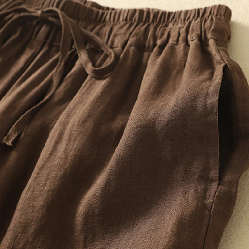 Buddha Stones Casual Retro Drawstring Embroidery Design Women's Cotton Linen 7-8 Length Pants With Pockets