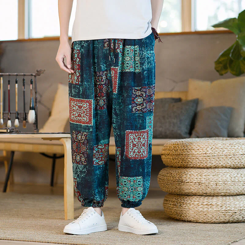 Buddha Stones Summer Square Patchwork Cotton Linen Men's Ankle-Length Harem Pants With Pockets
