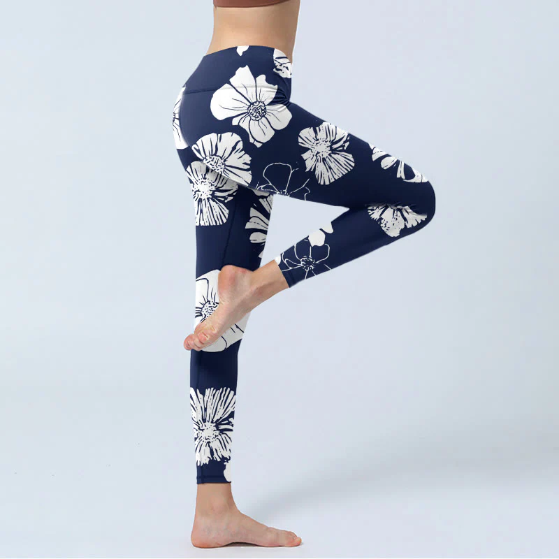 Buddha Stones Large White Petals Plants Pattern Print Gym Leggings Women's Yoga Pants