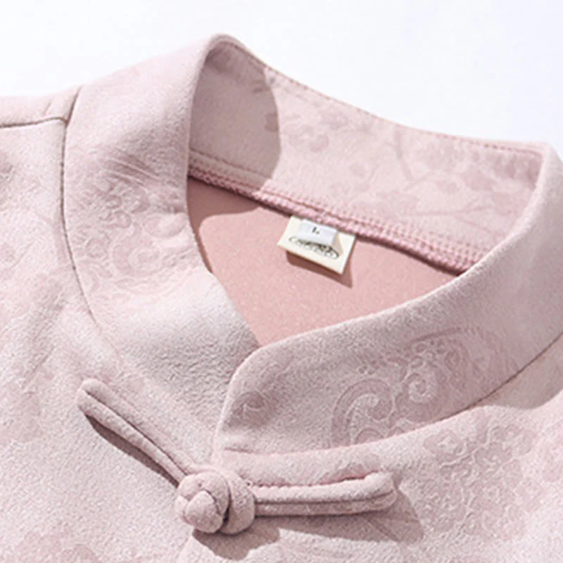 Buddha Stones Jacquard Bamboo Plum Bossom Pattern Chinese Frog-Button Design Men's Half Sleeve Cotton Shirt With Pockets