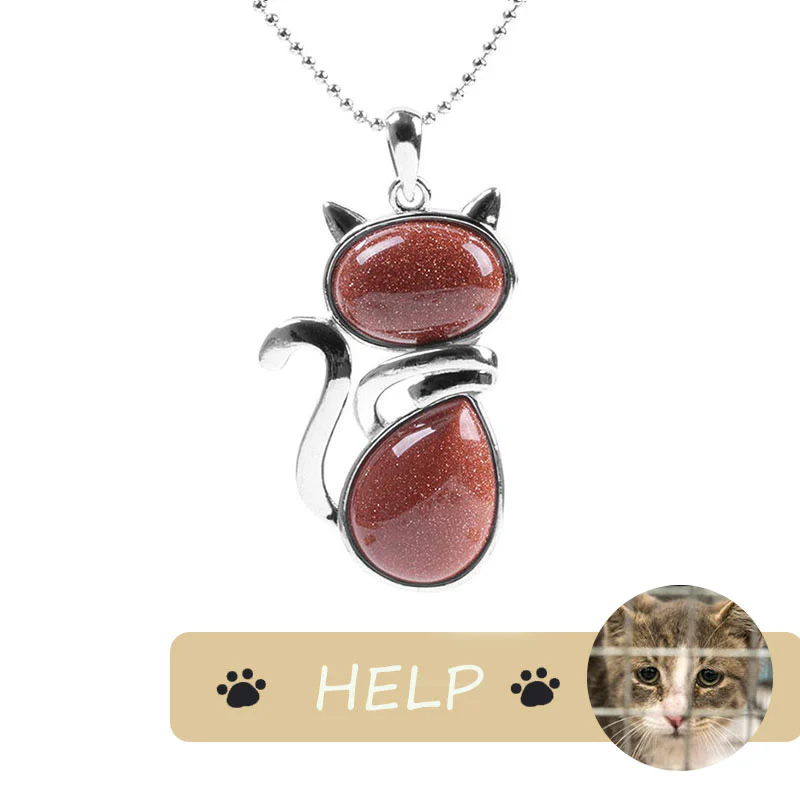 Save A Cat Cute Cat Pattern Natural Crystal Protection Cat-Loving Pendant Necklace