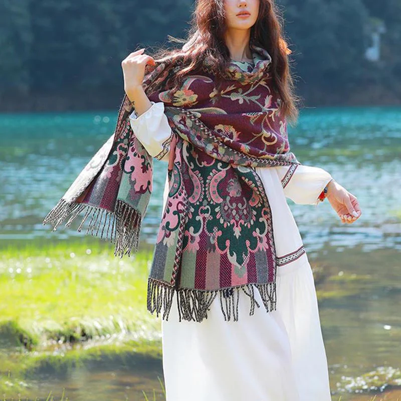 Buddha Stones Tibetan Flowers Leaves Branch Design Tassel Shawl Cozy Travel Scarf Wrap