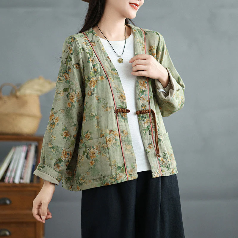 Buddha Stones Printing Floral Frog-Button Open Front Cardigan Cotton Linen Jacket With Pockets