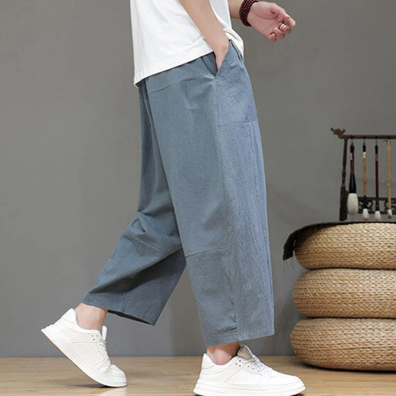 Buddha Stones Casual Plain Low Crotch Design Drawstring Men's Cotton Elastic Waistband Wide Leg Pants With Pockets