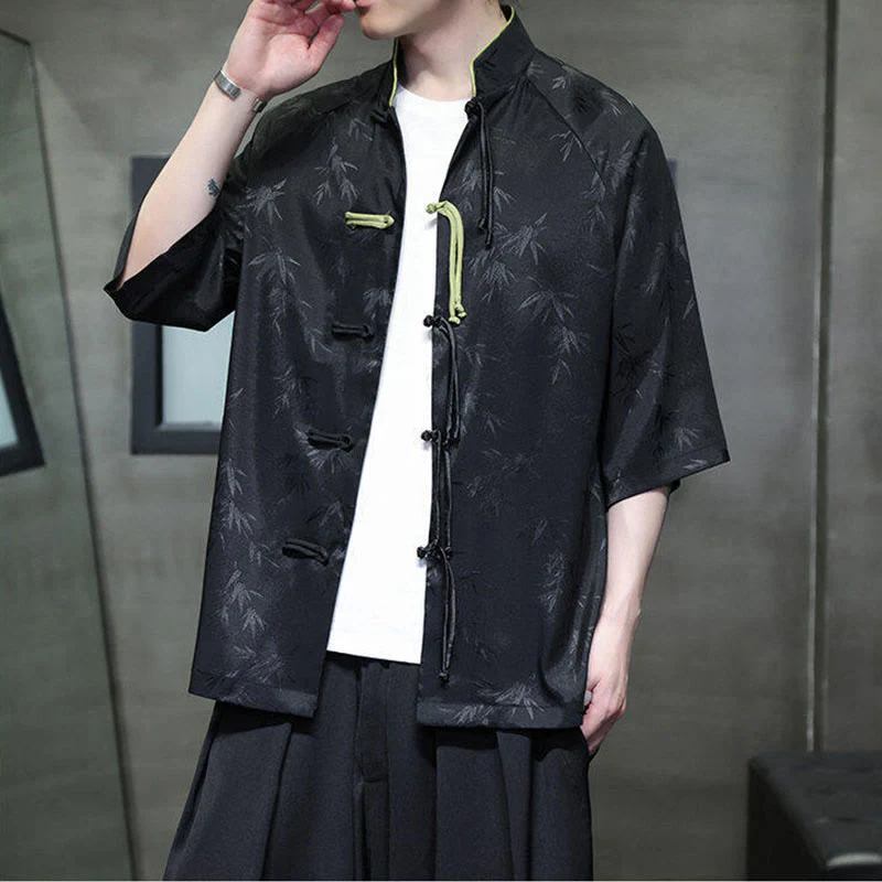 Buddha Stones Jacquard Bamboo Pattern Chinese Frog-Button Stand Collar Tang Suit Men's Cotton Shirt