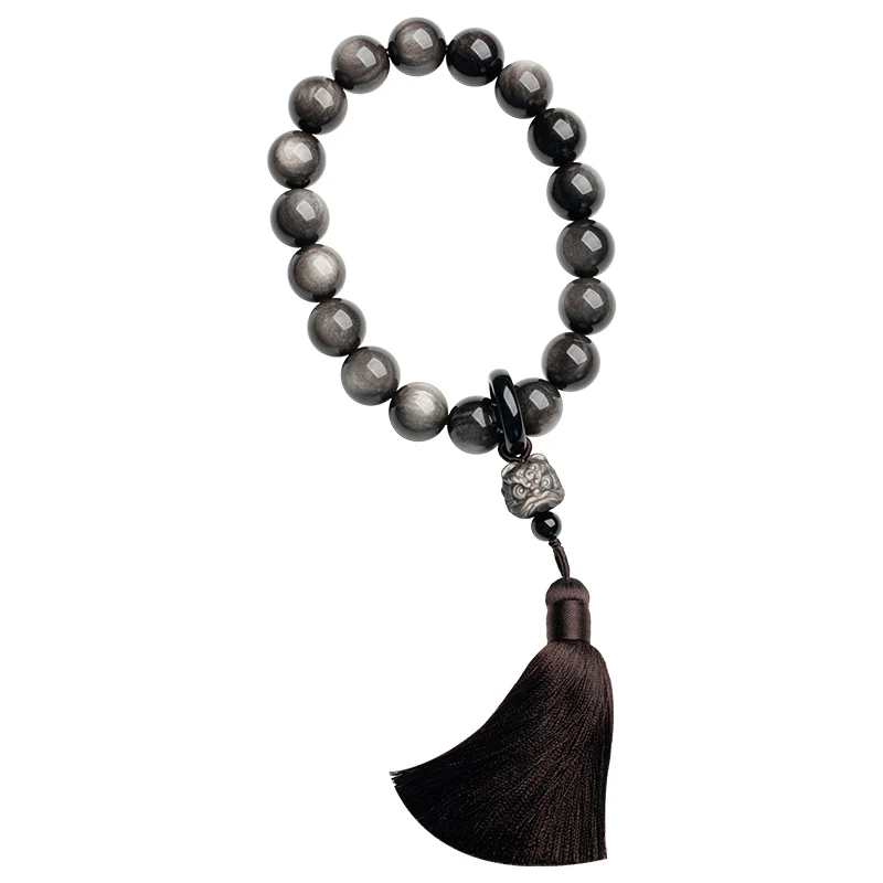 Buddha Stones Natural Silver Sheen Obsidian Black Obsidian Lion Wrist Mala Protection Tassels Pocket Mala Car Decoration