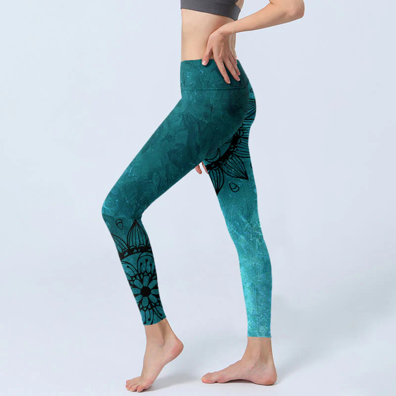 Buddha Stones Green Sunflowers Blossoms Print Gym Leggings Women's Yoga Pants