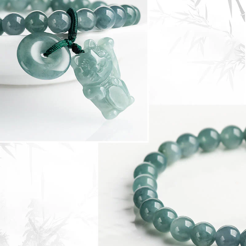 Buddha Stones Blue Jade Peace Buckle Lucky Cat Prosperity Bracelet