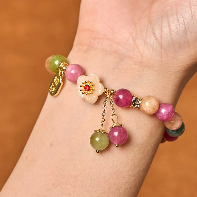 Buddha Stones Natural Tourmaline Fu Character Flower Lucky Brand Bracelet
