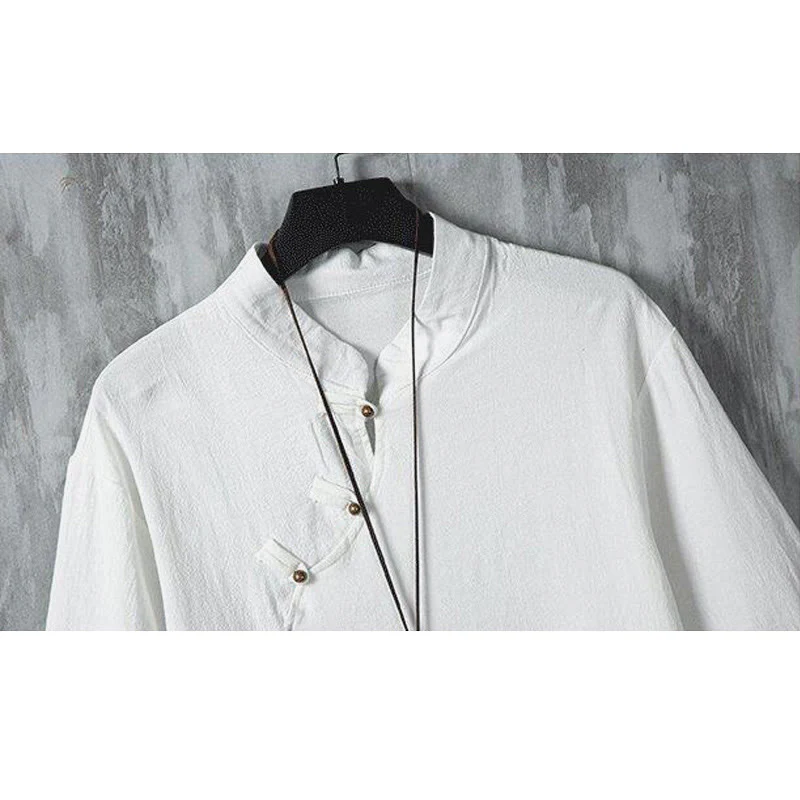 Buddha Stones Summer Chinese Frog-Button Printing Men's Plain Patchwork Half Sleeve Cotton Linen Shirt