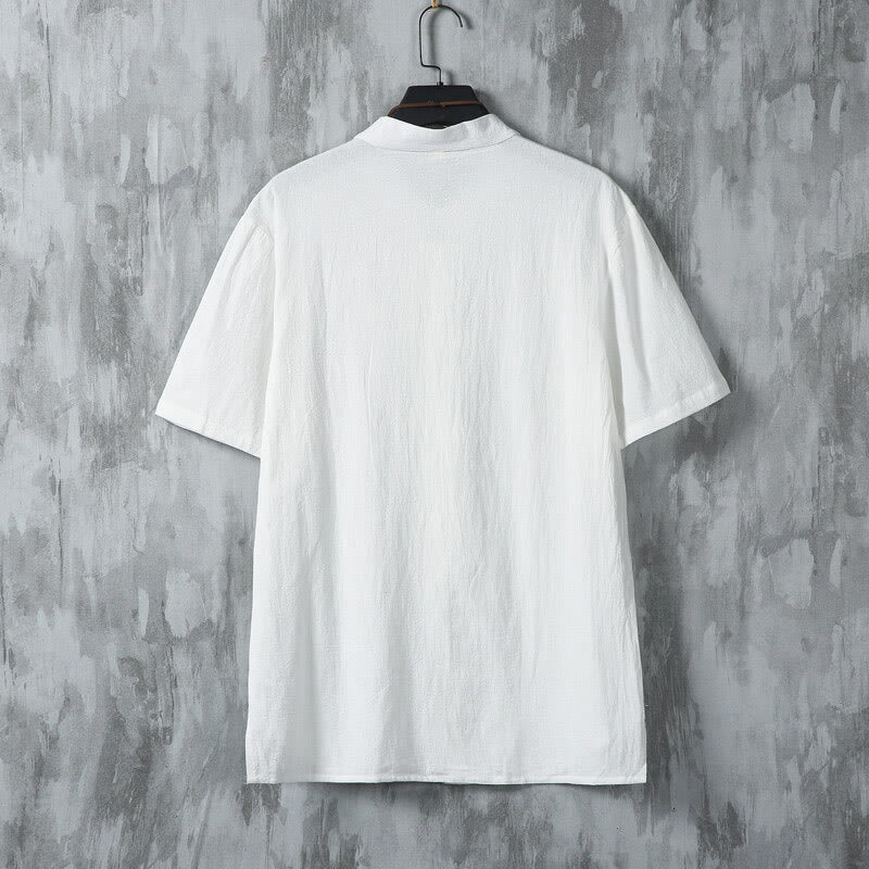 Buddha Stones Summer Plain Tang Suit Frog-Button Design Men's Short Sleeve Cotton Shirt