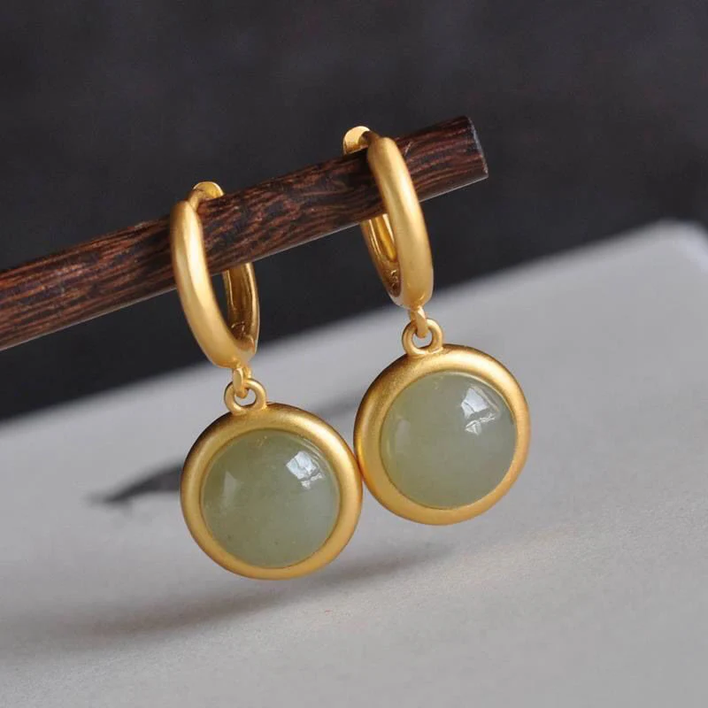 Buddha Stones 925 Sterling Silver White Jade Agate Prosperity Earrings