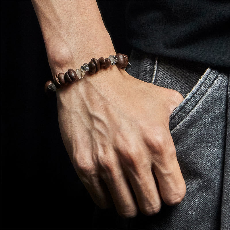 Buddha Stones Natural Coffee Beans Black Obsidian Rutilated Quartz Strength Bracelet