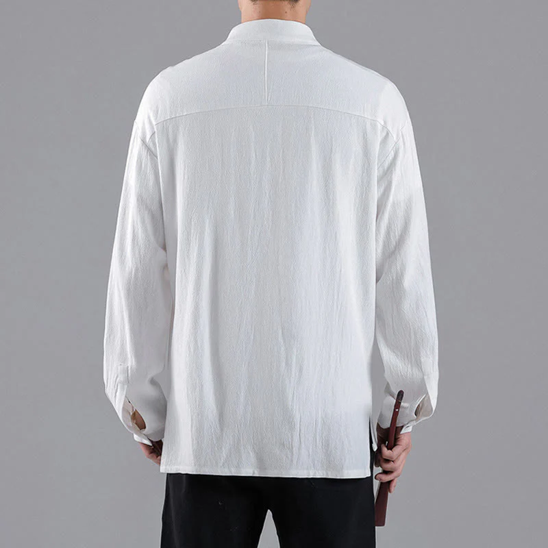 Buddha Stones Embroidered Auspicious Clouds Stand Collar Button Down Long Sleeve Men's Cotton Shirt