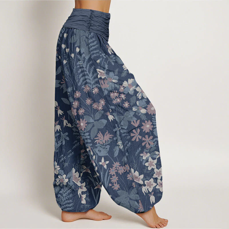 Buddha Stones Casual Daisy Flowers Leaves Design Women's Elastic Waist Harem Pants