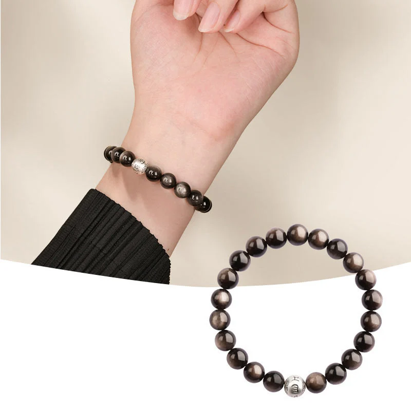 Buddha Stones Natural Silver Sheen Obsidian Om Mani Padme Hum Protection Bracelet