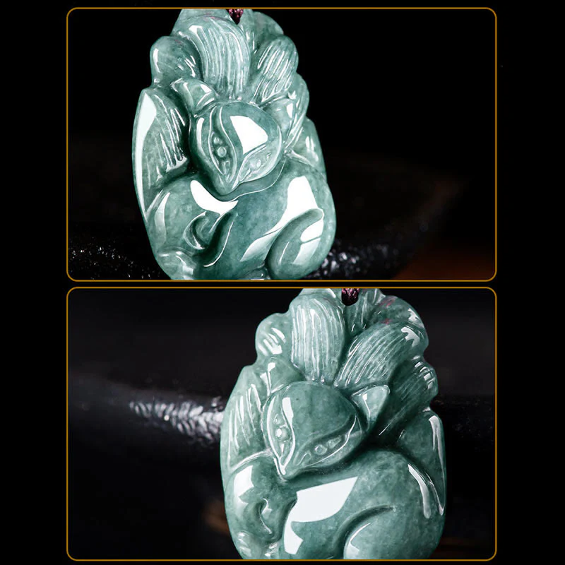 Buddha Stones Natural Green Jade Nine Tailed Fox Engraved Prosperity Necklace Pendant