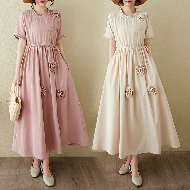 Buddha Stones Three-Dimensional Flower Design Ruffled Neck Cotton Linen Midi Dress With Pockets