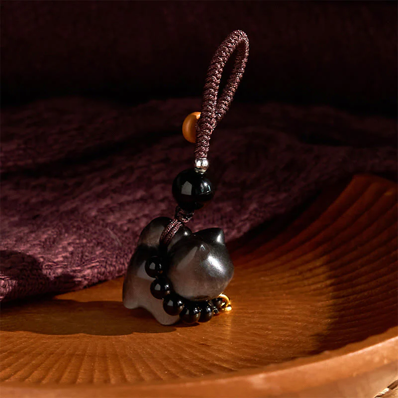 Buddha Stones Silver Sheen Obsidian Black Obsidian Gold Sheen Obsidian Cute Cat Fu Character Protection Key Chain Phone Hanging Decoration