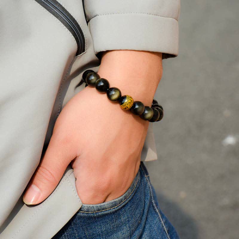 Buddha Stones Chinese Zodiac Natal Buddha Gold Sheen Obsidian Wealth Protection Bracelet