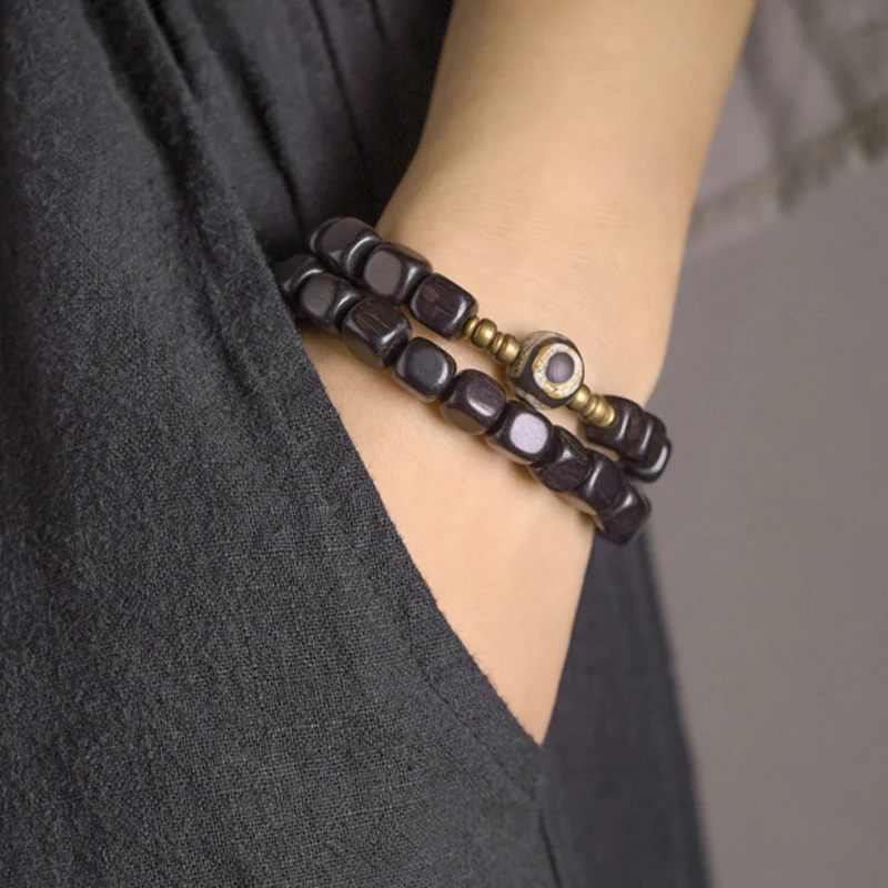 Buddha Stones Ebony Wood Dzi Bead Copper Peace Couple Bracelet